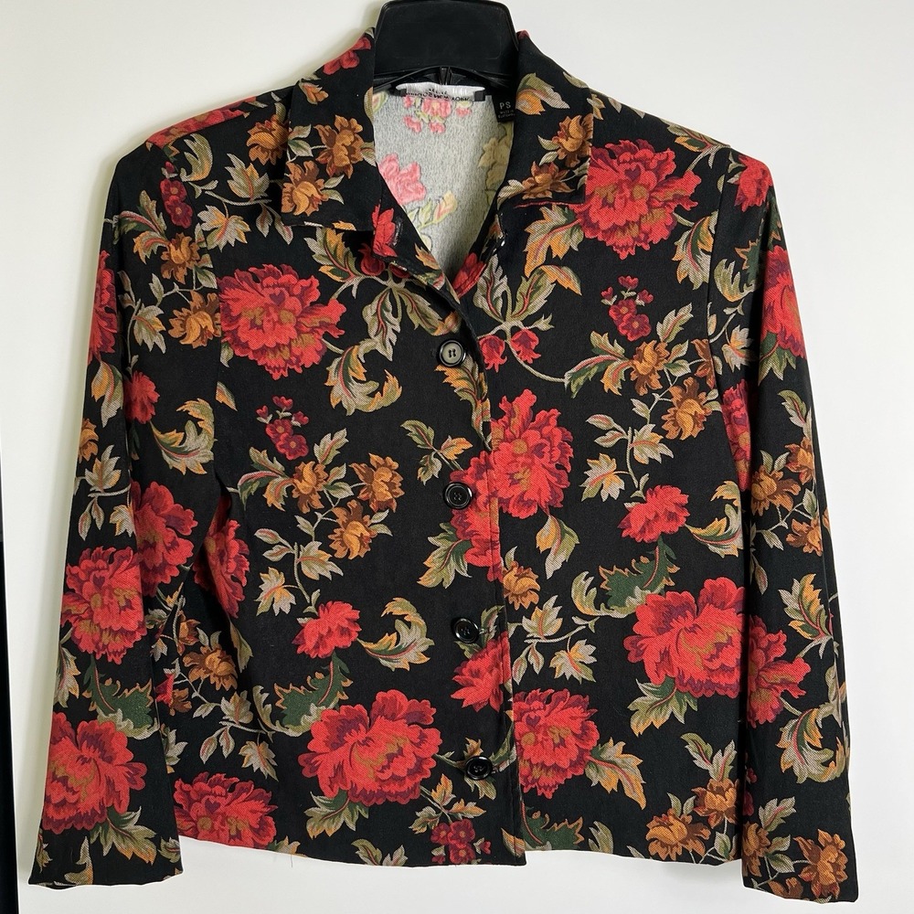 Vtg Briggs New York Petite PS Floral Jacket Black Red Orange Button Front Blazer